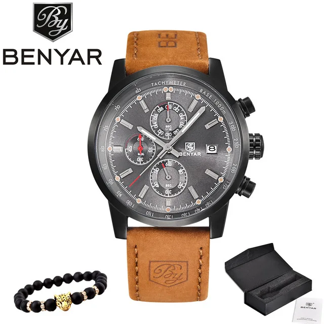 Gray BENYAR часы мужские роскошные брендовые кварцевые часы с хронографом модные спортивные автоматические часы с датой кожаные мужские часы Relogio Masculino - Цвет: Gray