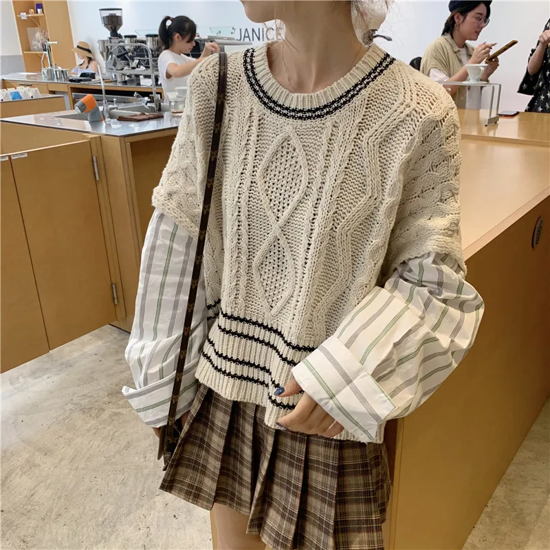 2020 Winter Fashion Harajuku Knit Sweater Korean Woman Pullover Patchwork Contrast Color Cropped Weater Fake Two Jumper Tops