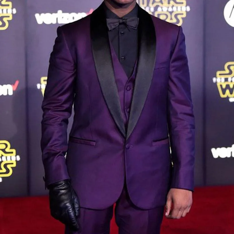 16Purple Evening Party Men Suits Black Shawl Lapel Three Piece Custom Made Wedding Groomsmen Tuxedos Jacket Pants Vest
