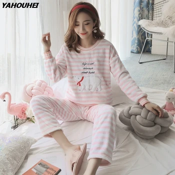 

Casual Striped Thick Warm White Flannel Pajama Sets For Women Winter Long Sleeve Coral Velvet Pyjama Girl Cute Cartoon Sleepwear