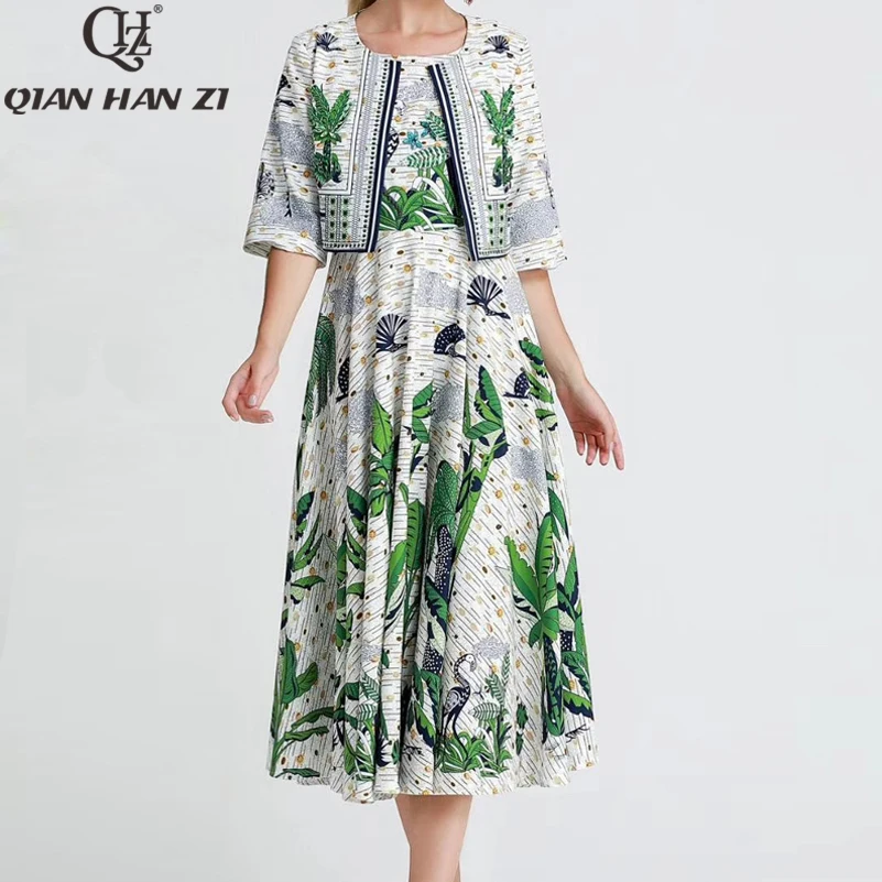 

Qian Han Zi Designer Fashion Runway Suit set Womens tops and coat+banana leaf print casual beach vest dress two-piece set