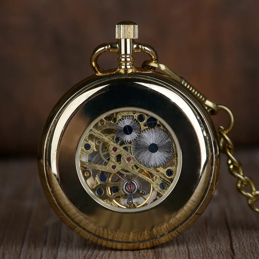 Горячая Распродажа, ретро механические карманные часы с золотым скелетом для мужчин и женщин, брелок с цепочкой, ручная обмотка, полностью стальные карманные часы