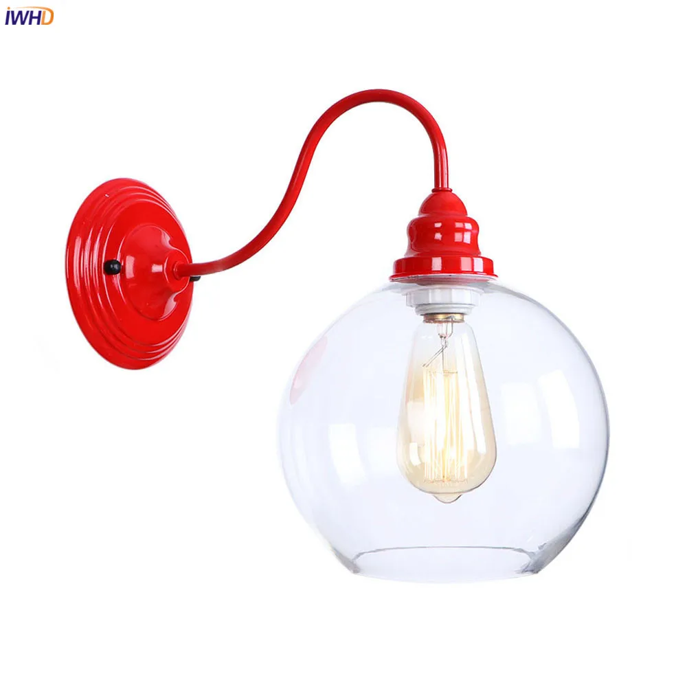 

IWHD Red Glass Ball LED Wall Light Fixtures Porch Bedroom Mirror Stair Wandlamp Loft Decor Vintage Industrial Wall Lamp Sconce