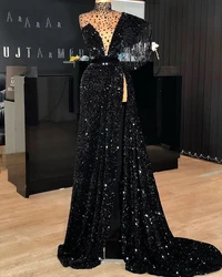 Long Black Formal Dress Evening luxury Sequin One Shouler V Neck Crystal with High Slit Dubai Women Prom Paryty Gowns Plus Size