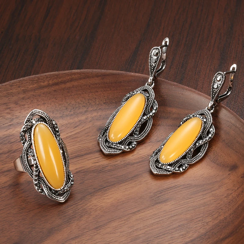 Women Earring Ring Sets Boho Yellow Stone Tibetan Silver AAA Gray Crystal Big Oval Vintage Jewelry earring ring sets