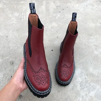 

2019 Coarse With Cloth Boots Woman England Genuine Leather Flat Bottom Chelsea Short Boots Ankle