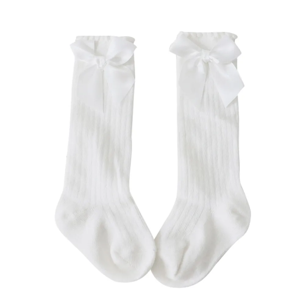 Новые детские носки Длинные мягкие хлопковые кружевные детские носки до колена с большим бантом для маленьких девочек детские носки kniekousen meisje Прямая поставка - Цвет: White S