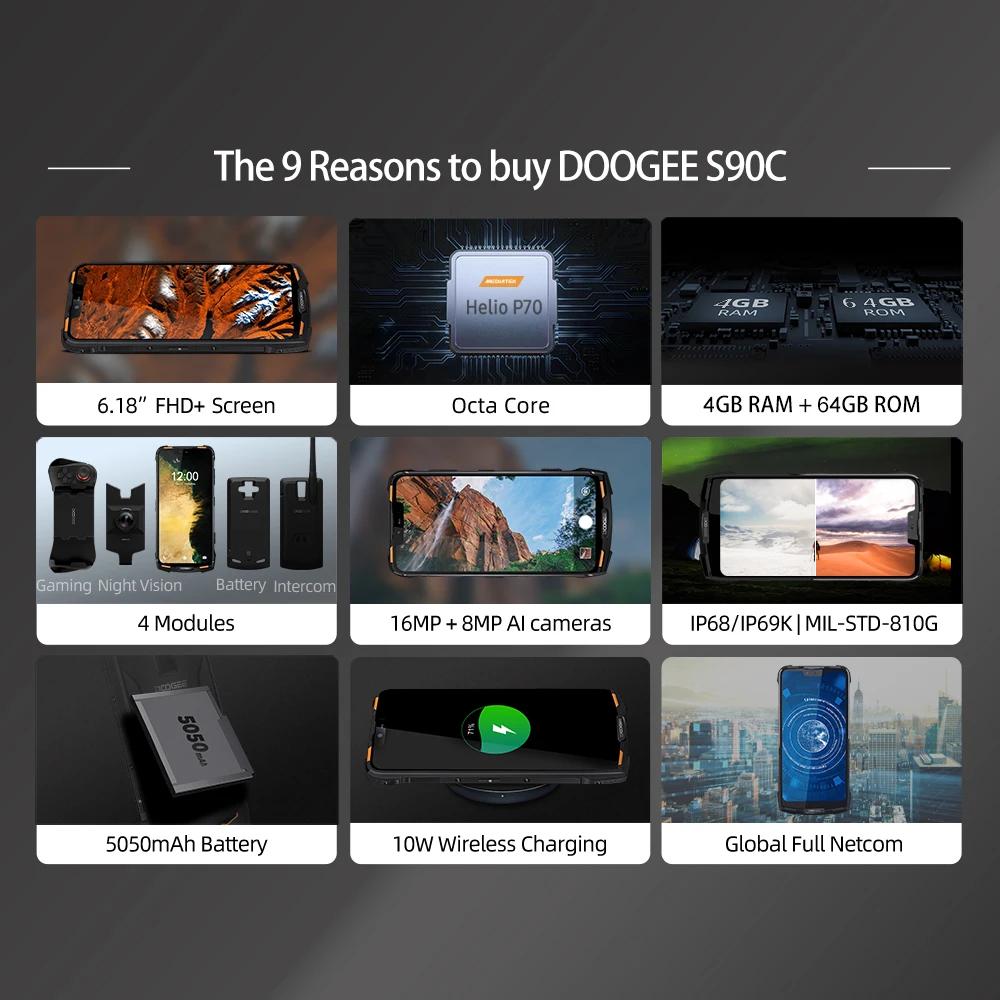 IP68 DOOGEE S90C Modular Rugged Mobile Phone 6.18inch Display 12V2A 5050mAh Helio P70 Octa Core 4GB 64GB 16MP+8MP Android 9.0