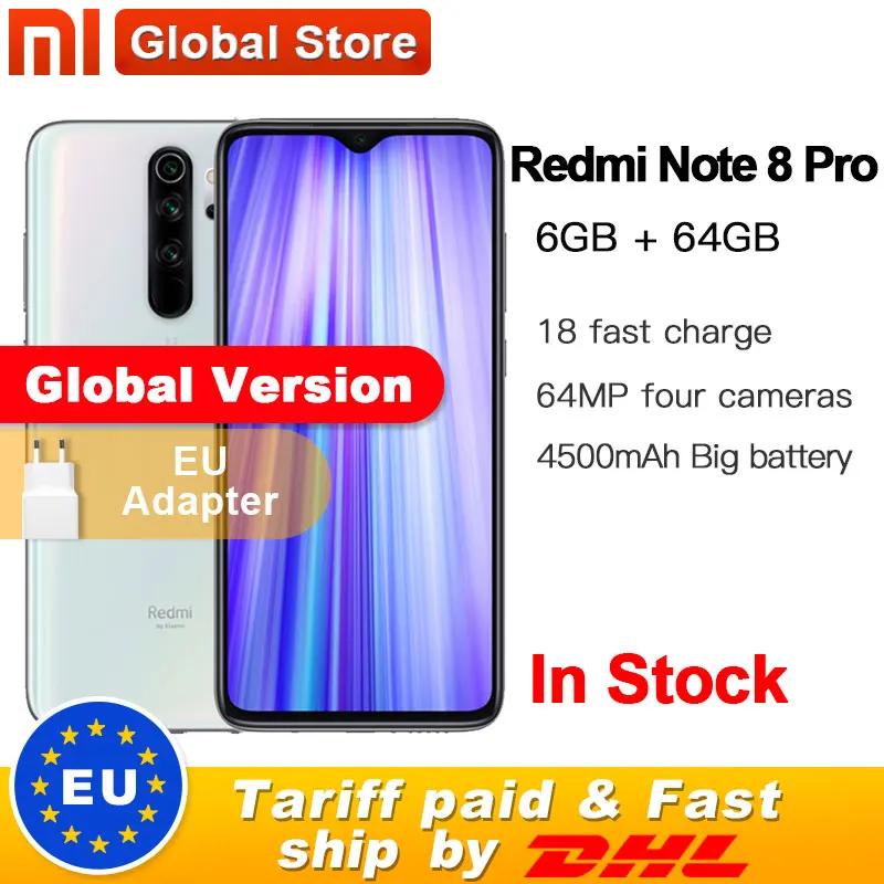 Xiaomi Redmi Note 8 Pro с глобальной версией, 6 ГБ, 64 ГБ, смартфон, 64 мп, четырехъядерный процессор Helio G90T, четыре ядра, 4500 мАч, NFC