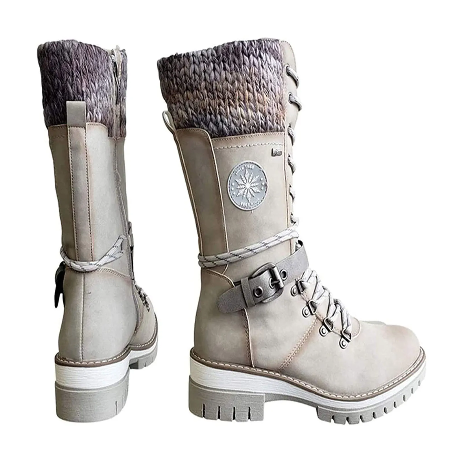 new Women Mid Height Leather Boots Warm Winter Boots with Side Zipper knitted mid-high women's boots wool stitching Marti boots 2