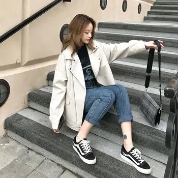 

Autumn Women Faux Pu Soft Leather Jacket Turndown Collar Black Punk cool Motorcycle Zipper Loose Jacket Outwear With Belt