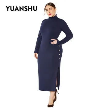 

YUANSHU Elegant Turtleneck Slit Plus Size Women Dress Button Elastic Knitted Autumn Winter Dresses XL-5XL Large Size
