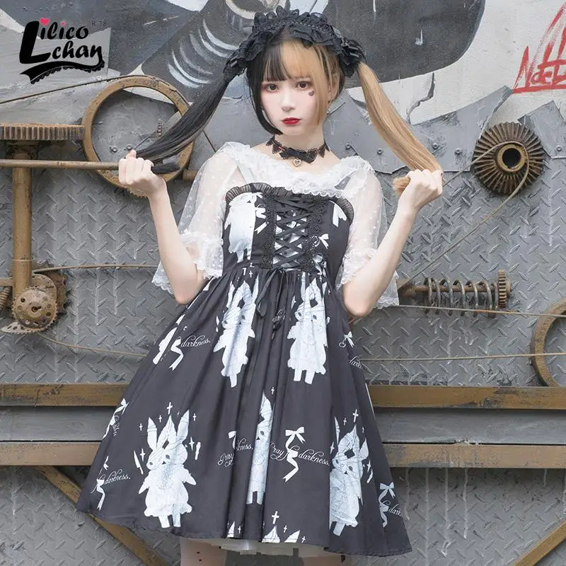 

Gothic Lolita Dress Chiffon Dark Rabbit Killer Lace Black White Dress Women Princess Dress Halloween Costume for Girl New Arriva