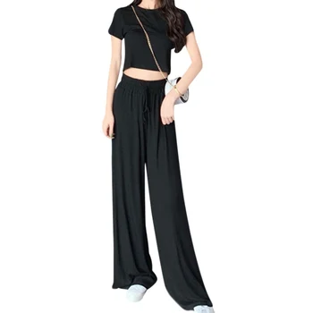 

Korean Fashion Women Set Solid Color Slim Lumbar Belly T-shirt + High Waist Wide Leg Pants Set Casual Suit 2 Piece Set