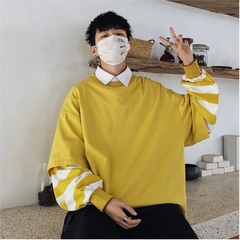 Autumn/winter new slim solid color patchwork long-sleeved sweatshirt loose casual round collar personality youth men's wear