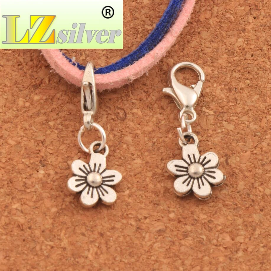 Small Plum Flower Lobster Claw Clasp Charm Beads 8.7x26.3mm 100pcs zinc alloy Jewelry DIY C320 LZsilver