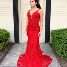 Красное Кружевное платье русалки с v-образным вырезом, платья для выпускного вечера, длинные платья на тонких бретельках, вечерние платья, Robe De Soiree