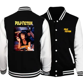 

Men pulp fiction trend print baseball jackets large size fleece sweatshirts Coats 2020 autumn winter casual Button Uniform Coats
