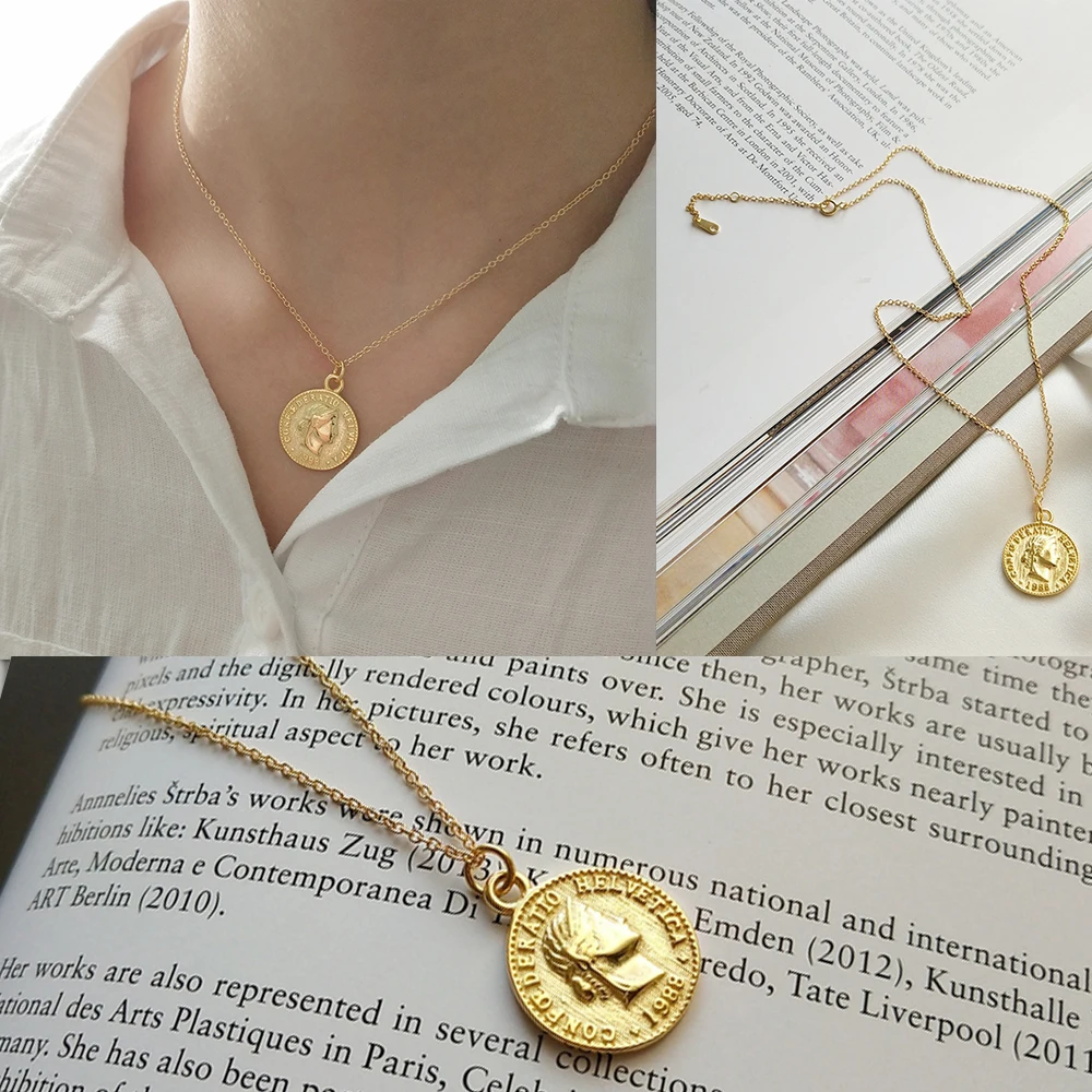 Portrait Gold Medallion Round Coin Pendant Choker Necklace Large Disc Necklace S925 Silver Personalized Necklace Boho Jewelry