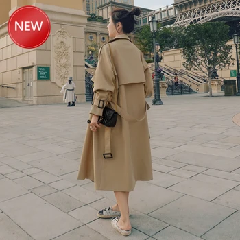 

n Trench Coat Double Breasted Belted Storm Flaps Khaki Dress Loose Coat Lady Outerwear Fashion Brand New Spring Autumn Long Wome