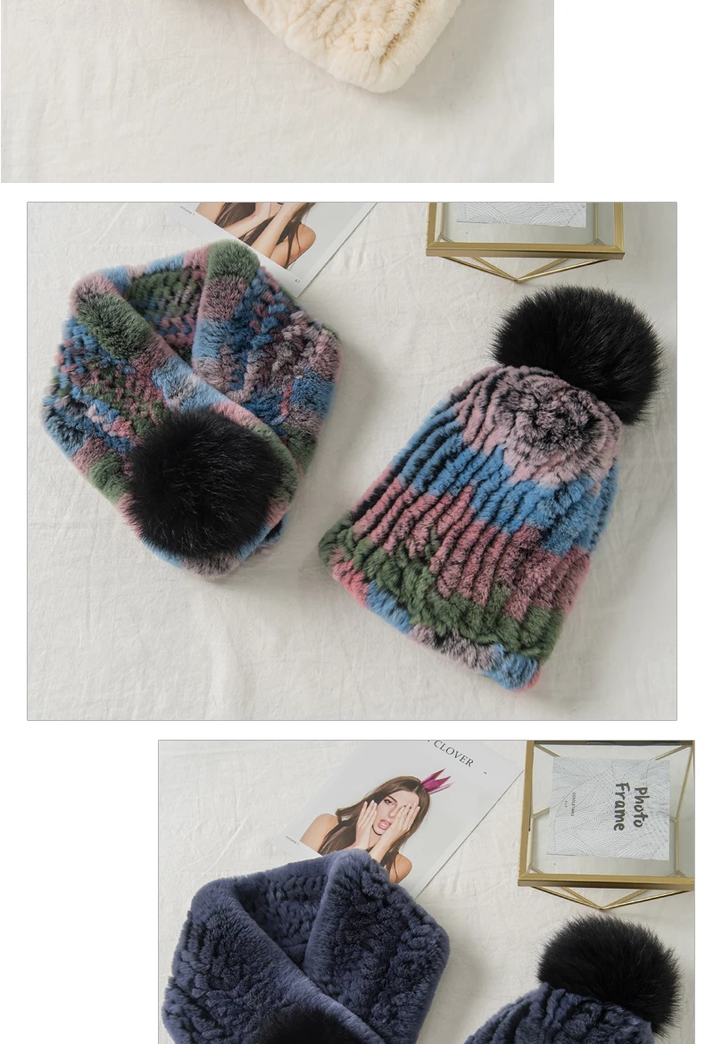 Lantafe Hat And Scarf Fur Hat Kit Hat Scarf Rex Rabbit Fur Winter Accessories Warm Woven Hat Knit Cap With Fox Fur Ball