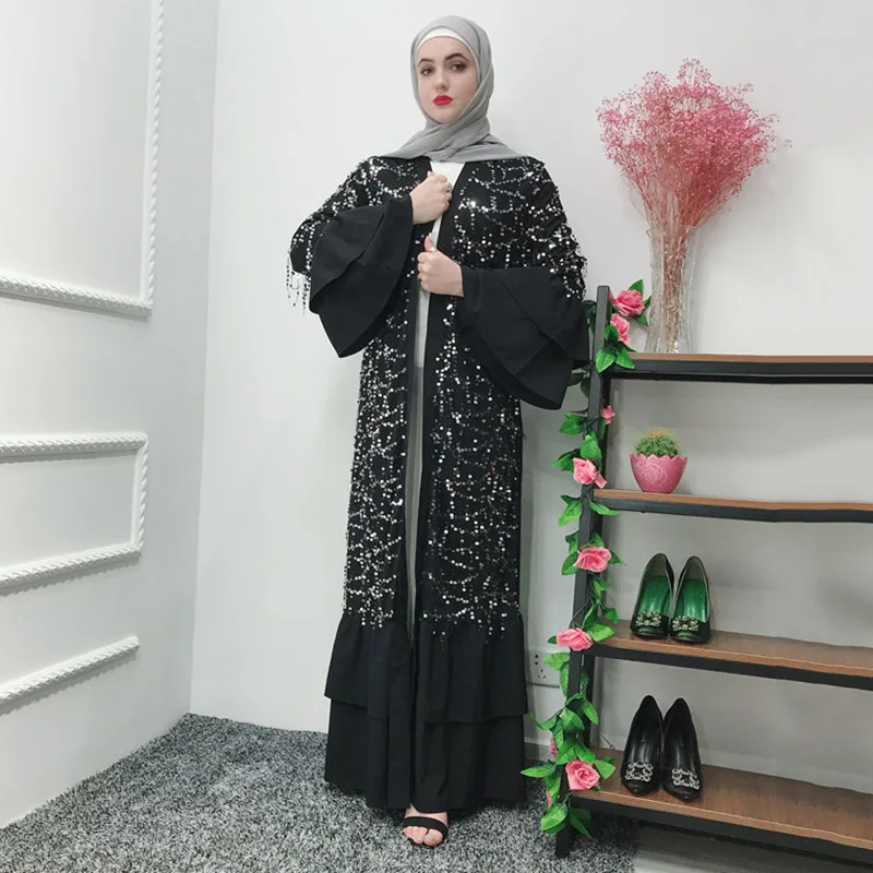 

Kaftan Muslim sequined belt women's cardigan robe Arab kimono Morocco Islamic Ramadan Saudi Arabia black dress Abaya big robe