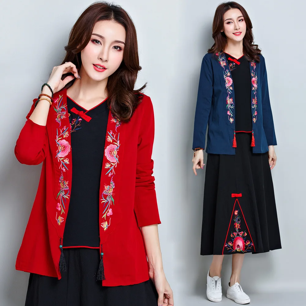 

Photo Shoot Autumn Clothing Retro Ethnic Embroidery Flower Tassels Women's Long-Sleeve Coat Chinese Clothing Outdoor Cotton Line