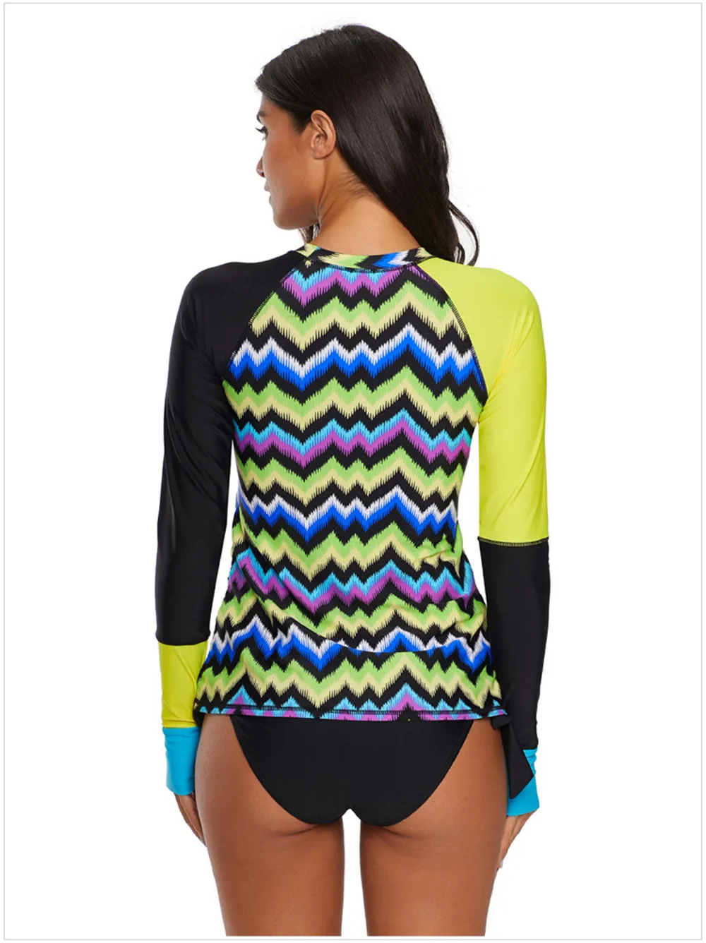 2020 Womens Long Sleeve Rashguard Geometric Print Shirt Side Ties Color Block Two Piece Tankini Swimsuit 410485 (27)