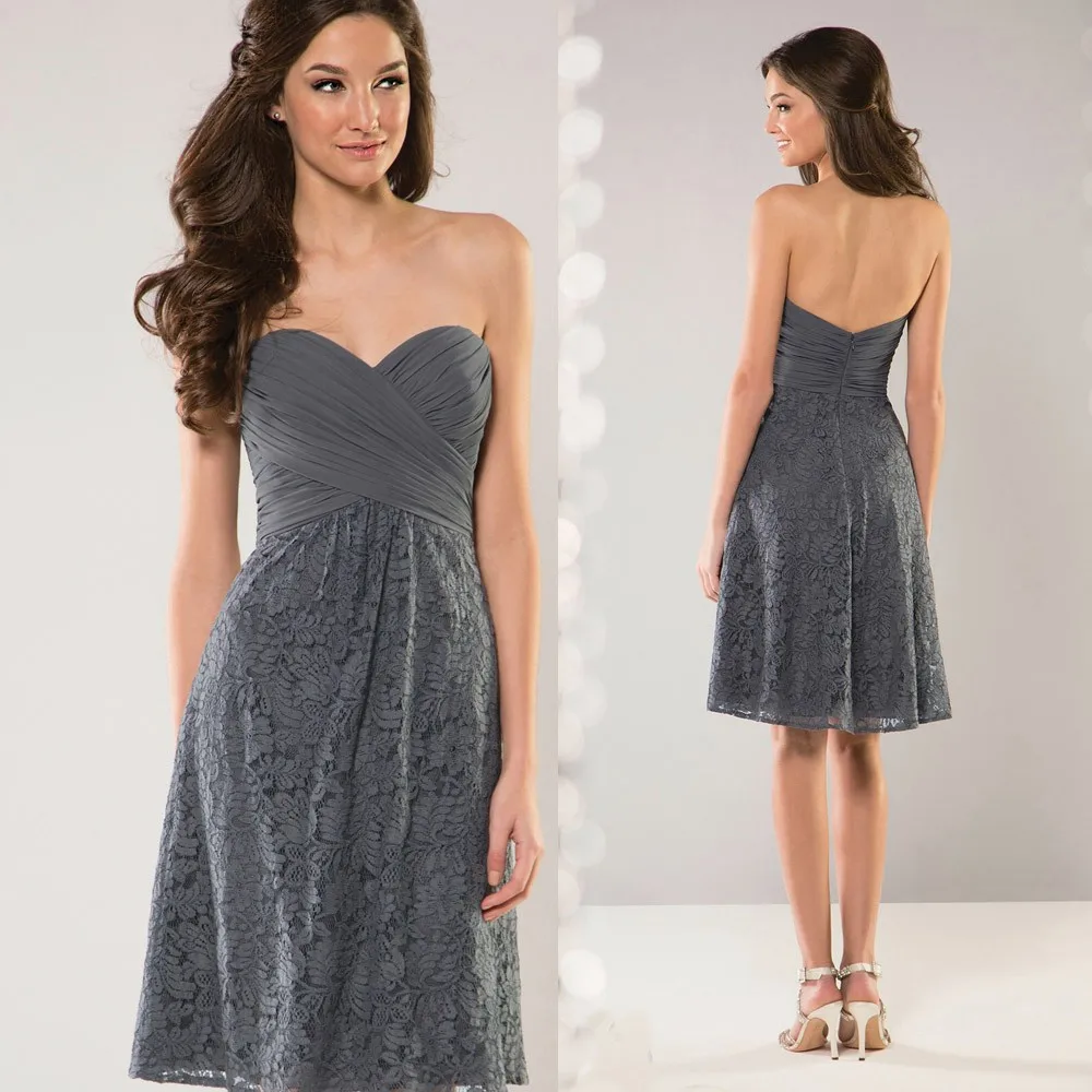 

Free Shipping Grey Lace Bridesmaid Dresses Short Wedding Party Dress 2015 Sweetheart Pleat Low Back B2300