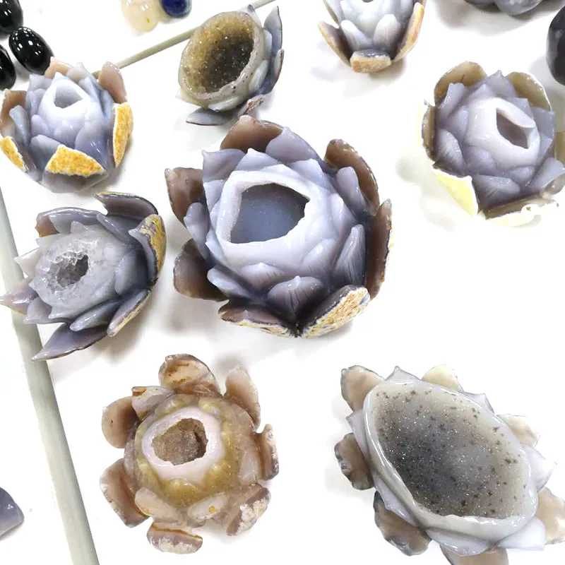 Natural Crystal Agate Stone Geode Cluster Carved Lotus Statues Beautiful Home Decor Crafts Or Gift ZR
