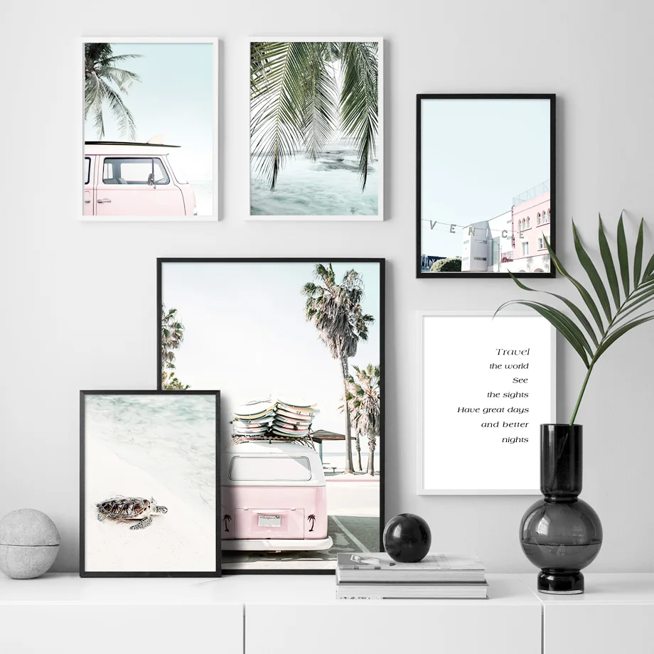 Beach Surf Girl Surfboards Van Palm Leaf Turtle Nordic Poster Wall Art Print Canvas Painting Wall Pictures For Living Room Decor