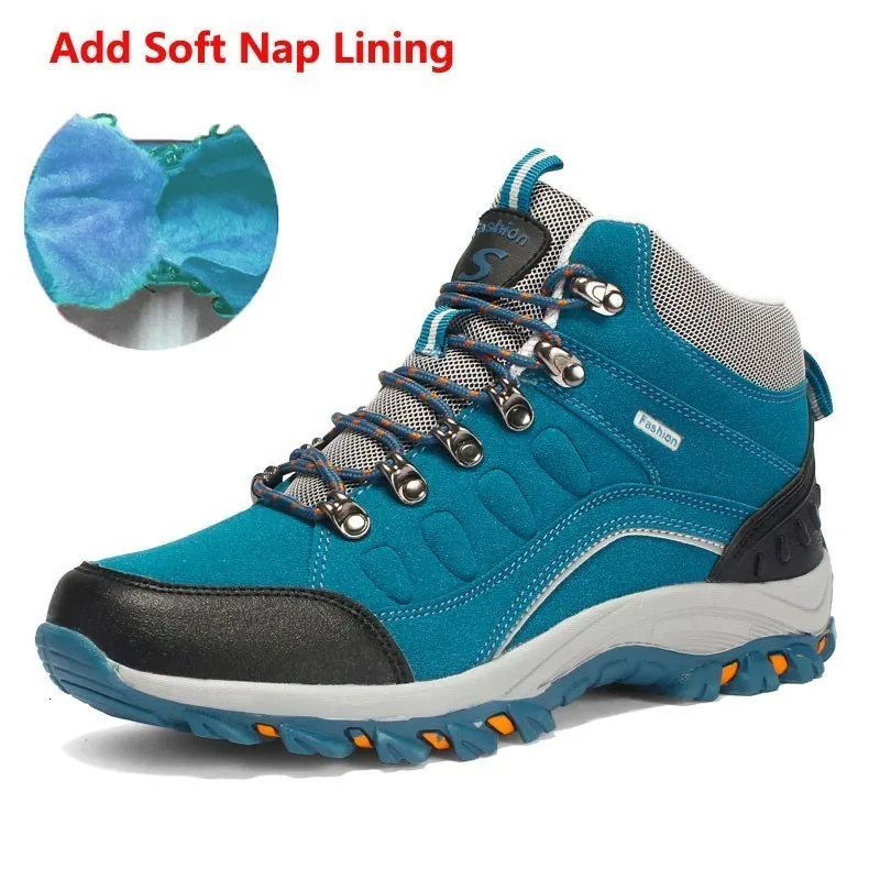 add soft nap Blue Зимняя мужская и женская уличная походная обувь Нескользящая износостойкая походная обувь для альпинизма водонепроницаемые высокие Трекинговые кроссовки - Цвет: add soft nap Blue