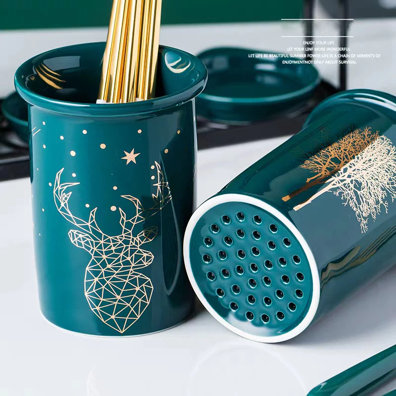 Kitchen Storage Box Ceramic Chopsticks Tube Drain Rack Spoon Bucket Knife Fork Tableware Holder Racks Kitchen Utensil Holder