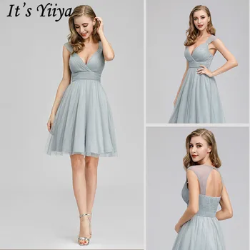 

It's Yiiya Dress Prom Sleeveless V-Neck Pleat Tank Robe De Soiree D017 Knee-Length Crepe A-Line Plus Size Women Party Dresses