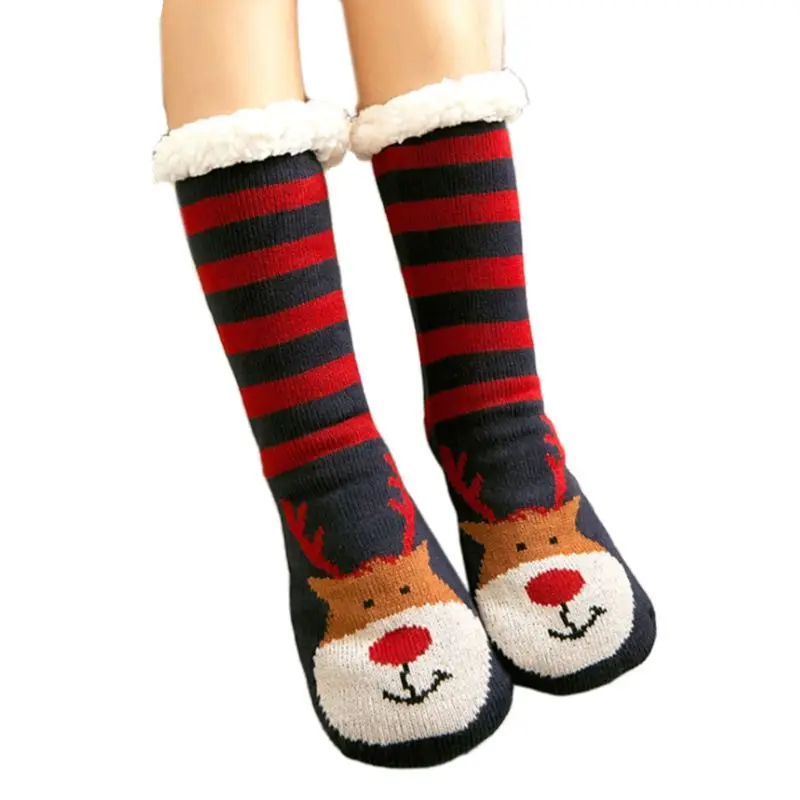 Womens Winter Fluffy Thermal Plush Lined Slipper Socks Christmas Cartoon Hosiery 95AB