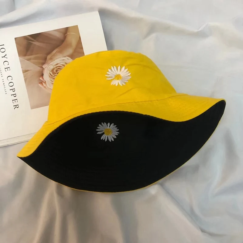 

2020 Korea Small Daisies Bucket Hat Women Men Fashion Girls Femme Panama Hat Colorblock Flat Top Hip Hop Fisherman Hat