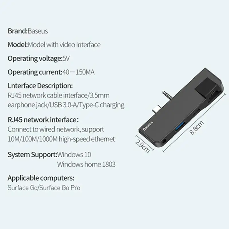 Baseus USB3.0 концентратор для поверхности Go type-C аудио 4KHD USB3.0-A type-C аудио hab адаптер для поверхности Go Pro для Windows10