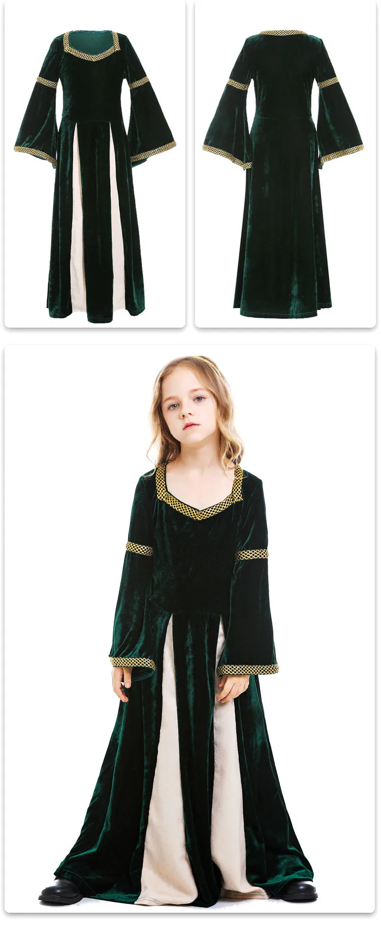 Детские платья кроя принцесса для девочек, в готическом стиле, стиле ренессанс средневековый Платье для косплея с расклешенными рукавами карнавальный на Хэллоуин вечерние подарок макси-платья для девочек