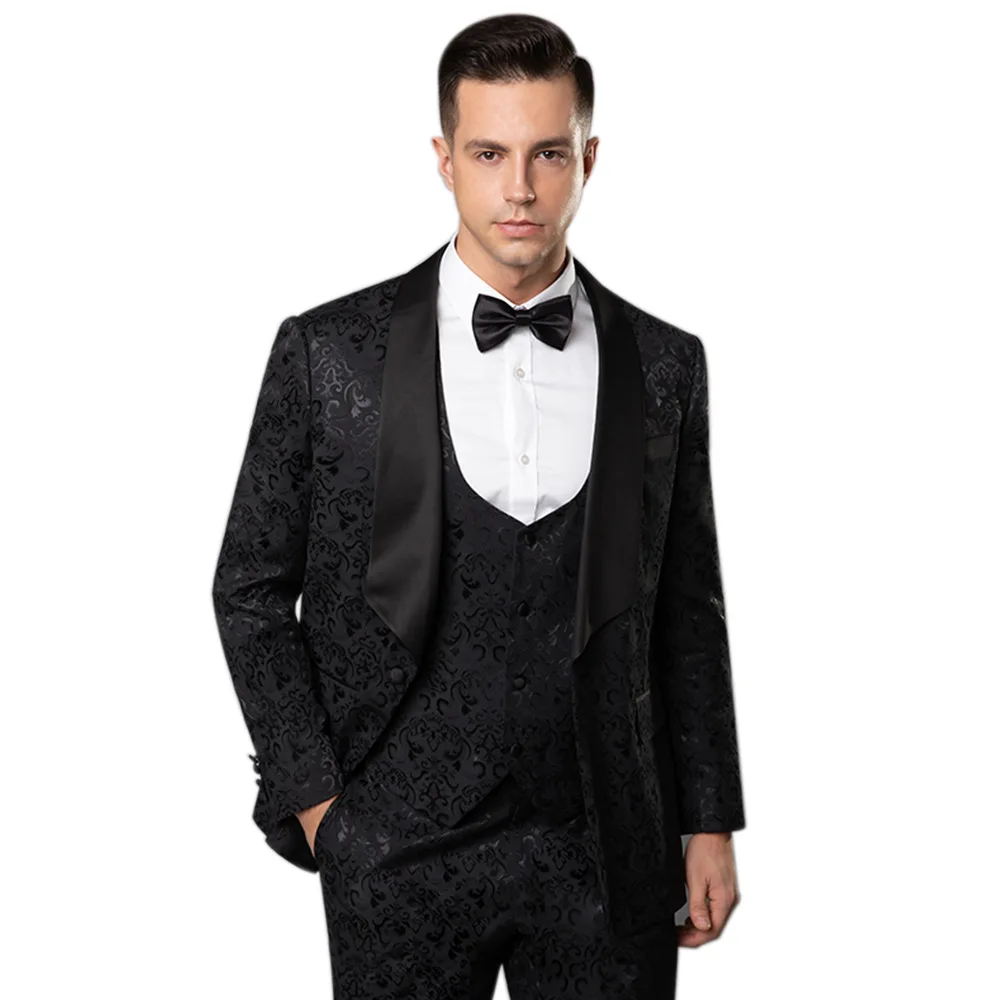Черный Slim Fit Белый Черный Красный мужские смокинги куртка брюки 3 комплекта Шаль Воротник пиджак для жениха костюмы XXS 5XL - Цвет: Черный