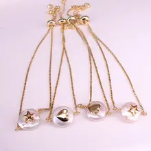 6 шт., натуральный пресноводный жемчуг с металлической звездой в форме сердца, очаровательный золотой браслет-цепочка, женский модный браслет, ювелирное изделие