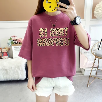 

2020 fashion new leopard letter prit t shirt women korean new plus size lady tees tops 2020 spring summer female balck T-shirt
