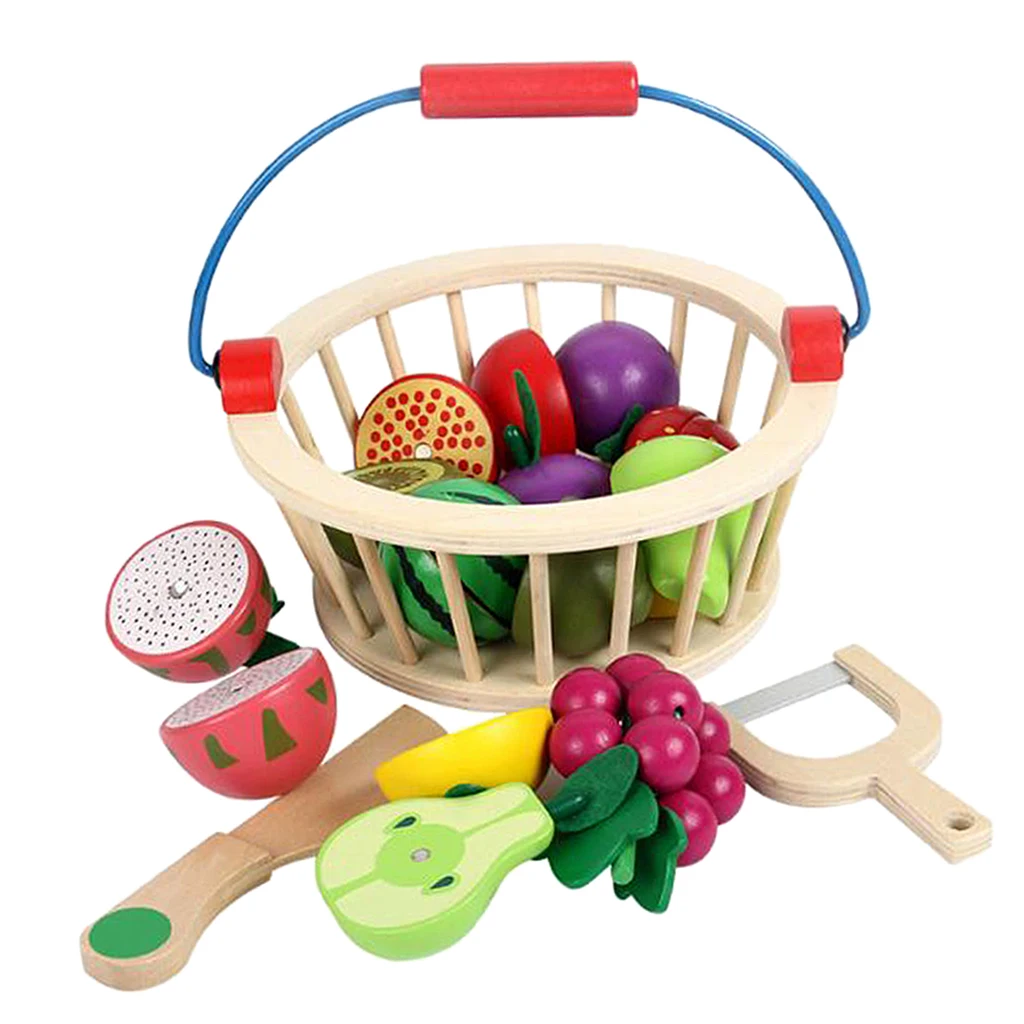 Farmers Market Basket – 12 Pieces Toy Kitchen Accessories – Pretend Cutting Play Food Set for Toddlers 3 +