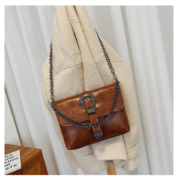 Vintage Messenger Bags Women Leather Chain Cross Body Brand Bag for Female Shoulder Messenger Bags with Strap Buckle Brown Black (4)