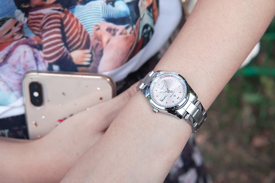 Лидирующий бренд день дата Кварцевые женские Водонепроницаемый часы с белым циферблатом модные Наручные часы Нержавеющая сталь ремешок часы представительского класса 04-w