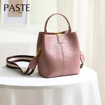 

European Style Bucket Bag High-end Cowhide Leather Crocodile Pattern Women's Handbag 2 Straps Ladies Shoulder Crossbody Bag