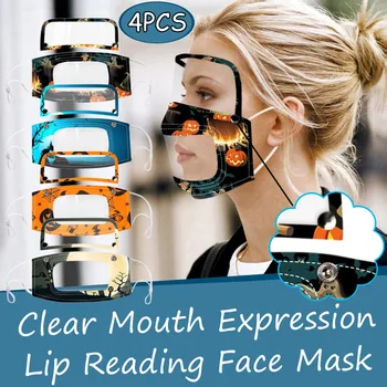 

4PCS Halloween Clear Expression Lip Reading Face Mask with Detachable Eye Shield Breathable Mask Cloth Mouth Caps Reusable Face