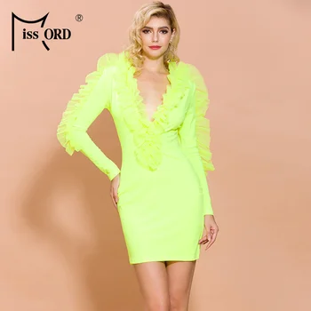 

Missord 2020 Women Sexy V Neck Long Sleeve Mesh Ruffles Dresses Female Elegant Solid Color Mini Dress FT19816