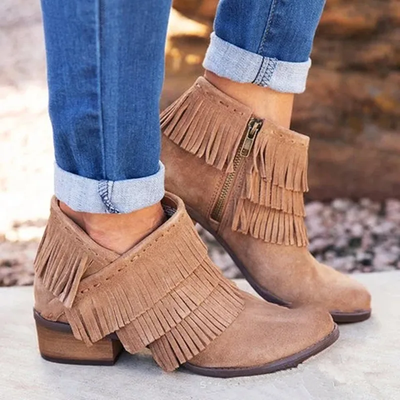 Houlife Fashion Solid Color Suede Autumn Women Shorts Boots Tassel Pointed Toe Low Heel Side Zipper Ankle Boots Female Shoes
