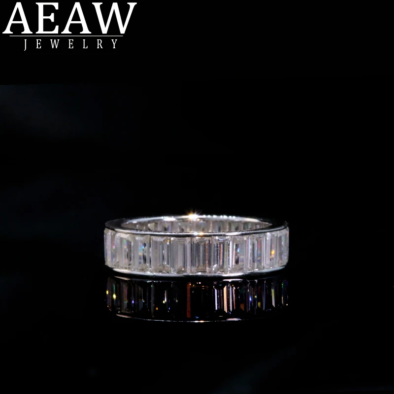 AEAW Solid 18K White Gold Emerald Baguette 2*4mm Engagement Band Ring Wedding Moissanite Eternity Band For Women