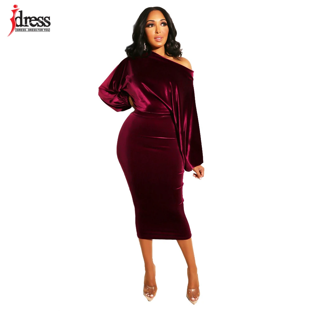 IDress 2020 Sexy Slim Off-Shoulder Nightclub Black Green Red Party Dress Lady Long Sleeve Bodycon Autumn Winter Velvet Dress (12)